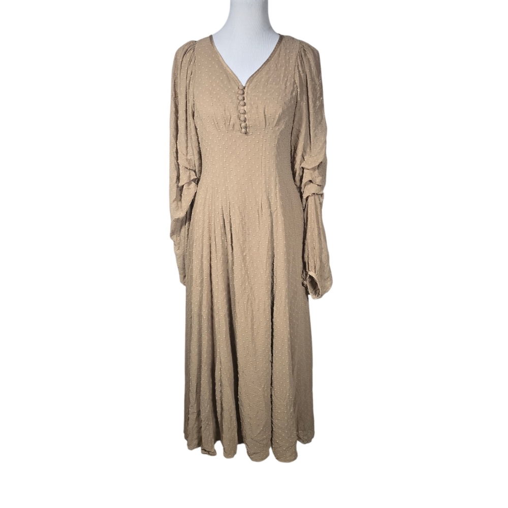 AZUL by Moussy* 2 Long Puff Sleeve V-Neck Maxi Dress Textured Dotted Fabric AsIs